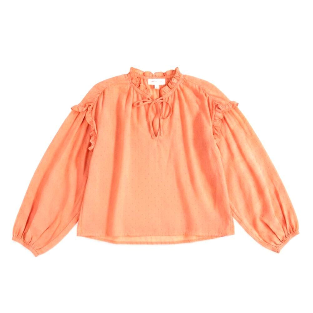Cleobella Peach Coral Swiss Dot Ruffle Neck Balloon Sleeve Blouse Size Small
